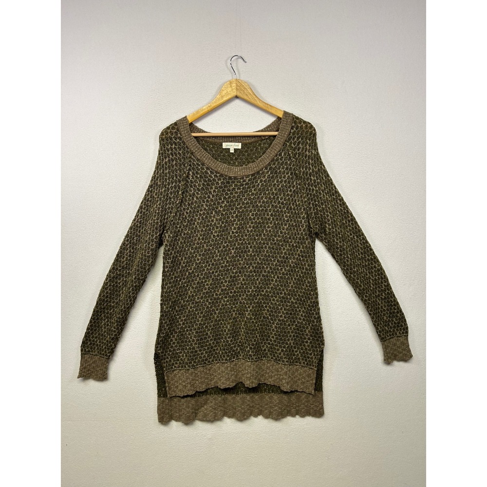 Boho Earthy Grace & Lace Womens L/XL Olive Green Textured High-Low Sweater